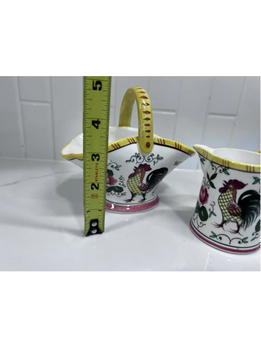 Vintage Ucagco Early Provincial Rooster And Roses Pitcher Basket & Bowl